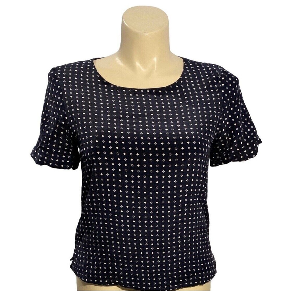 Talbots Top 12 Navy Blue White Geometric Diamond 100% Silk Short Sl Button Cute